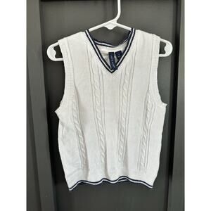 Janie And Jack Boys Cable Knit White Sweater Vest - Navy Trim Size 3